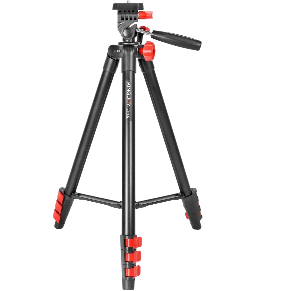 Black camera tripod with red accents on a white background