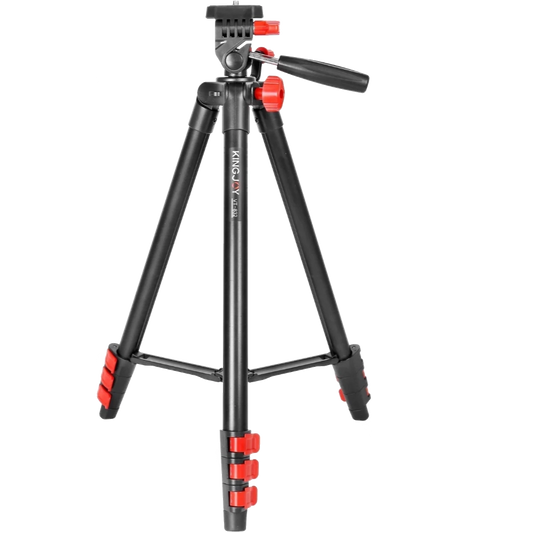 Black camera tripod with red accents on a white background